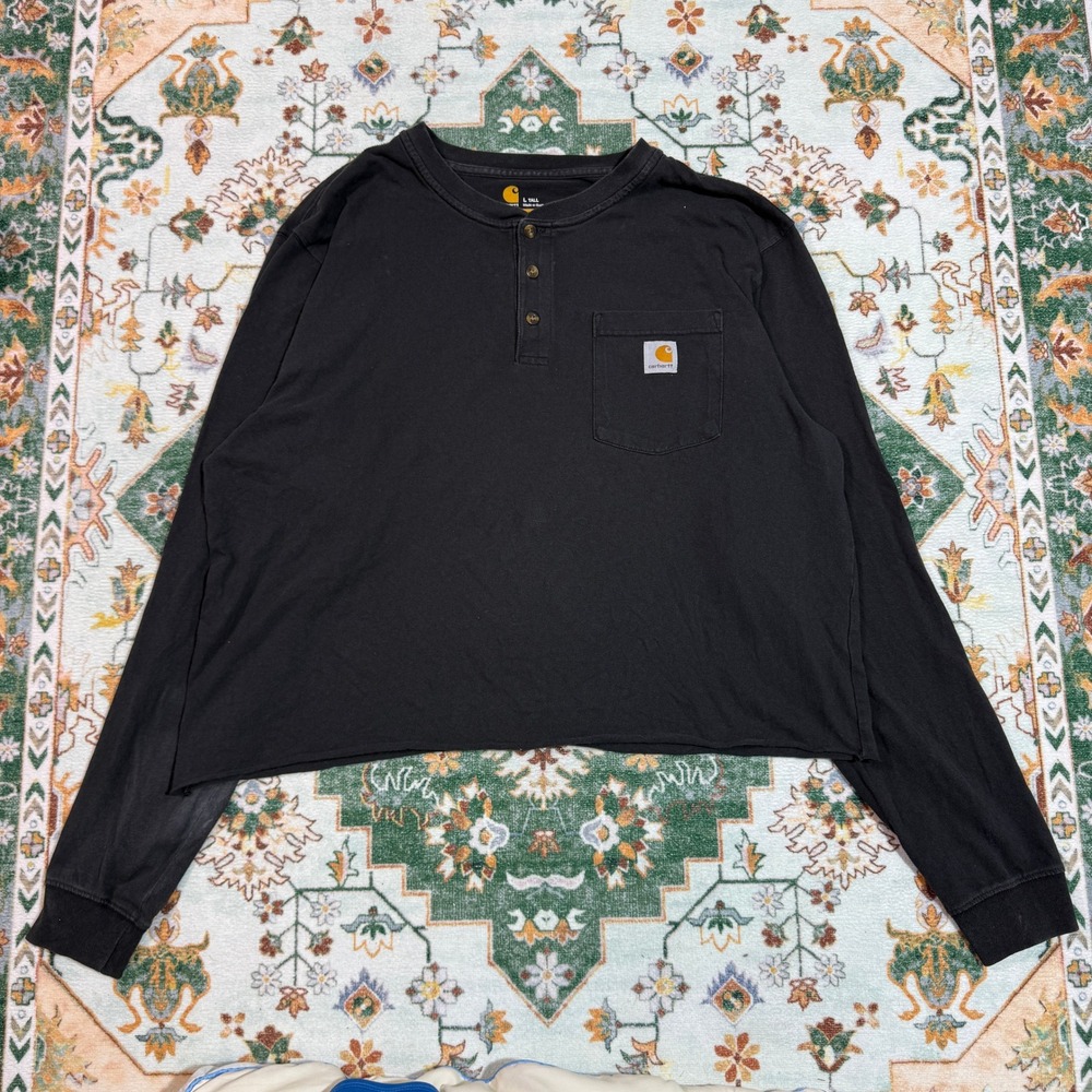Carhartt Mens Long Sleeve Henley‎ Shirt L Tall Black Workwear Pocket Cropped